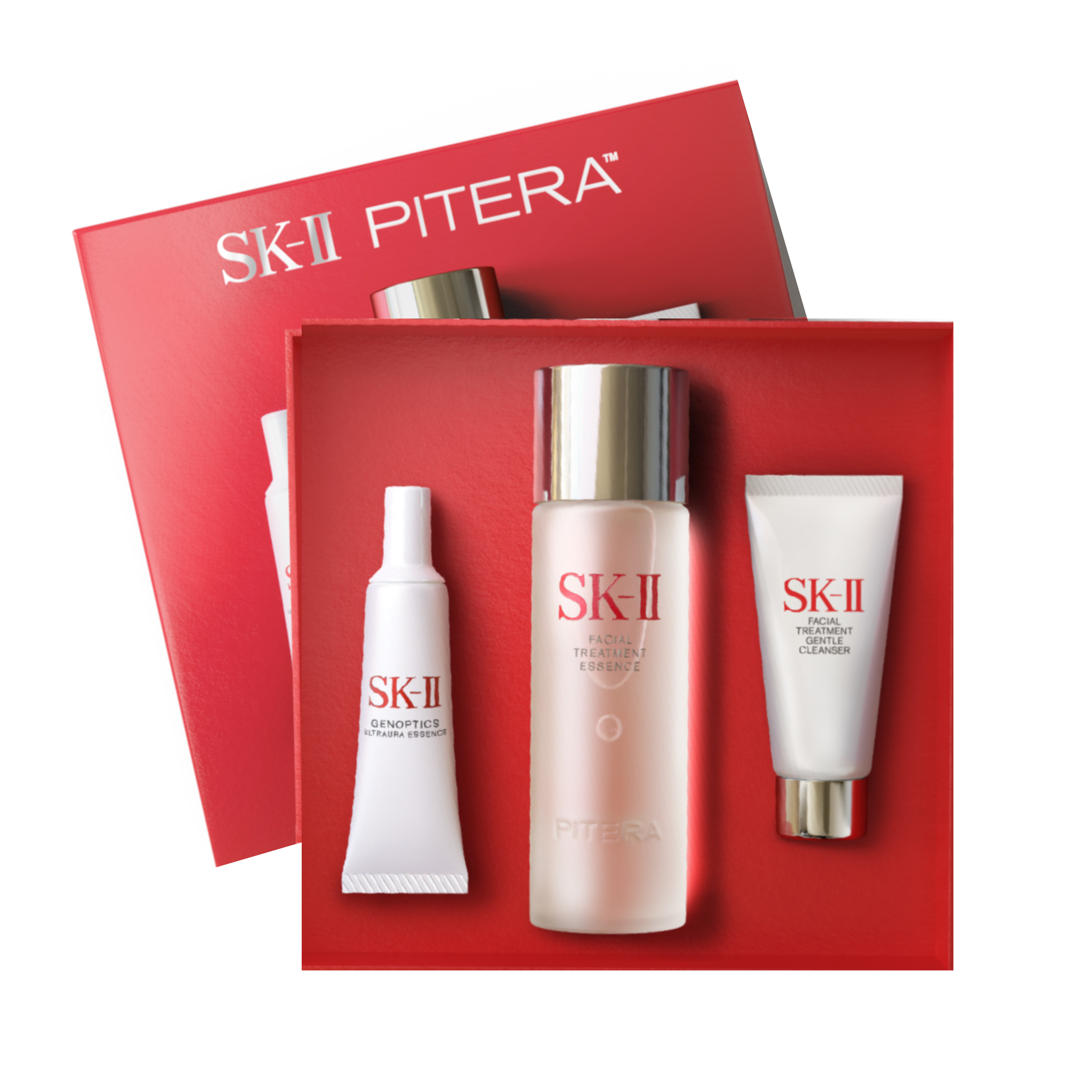 SK-II PITERA™ Ultimate Aura Essentials Kit skin brightening set with Facial Treatment Essence, Facial Treatment Cleanser, and GenOptics Ultraura Essence Serum